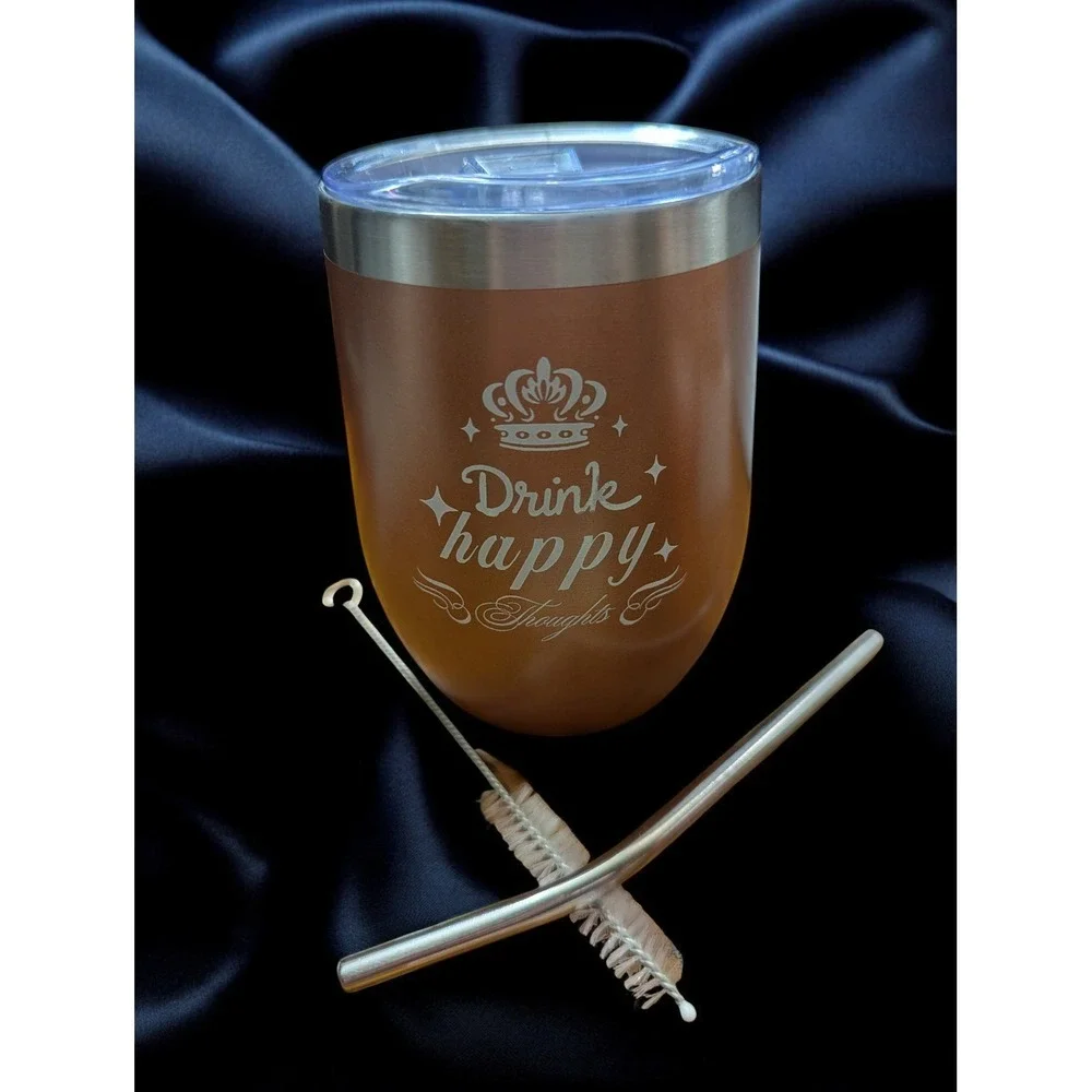 New 12 Oz Tumbler Straw Brush Drink Happy Thoughts Insulated Cup Sip Lid w Cover